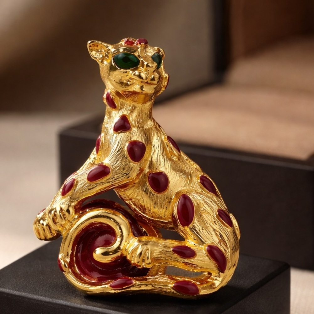 Kenneth Jay Lane Gold Leopard Brooch with Red Accents